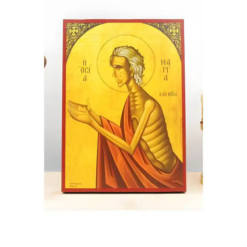 Εικόνα Ορθοδοξίας με περίγραμμα χρυσό σε ξύλο Φλαμουρίας  με  βάση Η Αγία Μαρία της Αιγύπτου η Ερήμου Μητέρα, Ξύλινη Χειροποίητη Εικόνα Ελληνικού Premium Βυζαντινού Στυλ Κρεμασμένη σε ξύλινη πλάκα Χειροποίητη Ελληνορθόδοξη εικόνα του Ιησού Χριστού, Κρεμαστή πλάκα βυζαντινής τέχνης, χριστιανική τέχνη Διάσταση 10x7 cm (3,9 x 2,8 ίντσες)  INTRAEK-10817