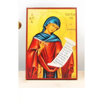 Εικόνα Ορθοδοξίας με περίγραμμα χρυσό σε ξύλο Φλαμουρίας  με  βάση Αγία Κασσία «Κασσιανή» η Υμνογράφος, Ξύλινη Χειροποίητη Εικόνα Ελληνικής Βυζαντινής Τεχνοτροπίας Κρεμασμένη σε ξύλινη πλάκα Χειροποίητη Ελληνορθόδοξη εικόνα του Ιησού Χριστού, Κρεμαστή πλάκα βυζαντινής τέχνης, χριστιανική τέχνη 45x35 cm (17,7 x 13,8 ίντσες)  INTRAEK-342110816 - Image 1