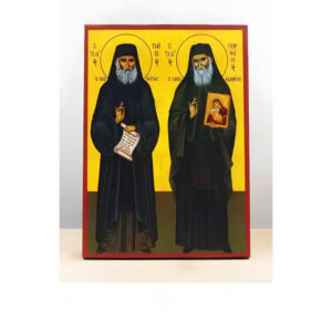 Εικόνα Ορθοδοξίας με περίγραμμα χρυσό σε ξύλο Φλαμουρίας  με  βάση Άγιοι Παΐσιος του Αγίου Όρους & Πορφύριος Καυσοκαλυβίων, Ξύλινη Χειροποίητη Εικόνα Ελληνικής Βυζαντινής Στυλ Κρεμαστή σε ξύλινη πλάκα Χειροποίητη Ελληνορθόδοξη εικόνα του Ιησού Χριστού, Κρεμαστή πλάκα βυζαντινής τέχνης, χριστιανική τέχνη 45x35 cm (17,7 x 13,8 ίντσες)  INTRAEK-342110813