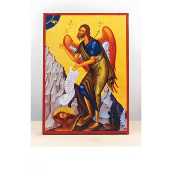 Εικόνα Ορθοδοξίας με περίγραμμα χρυσό σε ξύλο Φλαμουρίας  με  βάση Άγιος Ιωάννης ο Βαπτιστής Άγγελος της Ερήμου στο Βουνό, Ξύλινη Χειροποίητη Εικόνα Ελληνικού Βυζαντινού Στυλ σε τοίχο Κρεμασμένη σε ξύλινη πλάκα Χειροποίητη Ελληνορθόδοξη εικόνα του Ιησού Χριστού, Κρεμαστή πλάκα βυζαντινής τέχνης, χριστιανική τέχνη 45x35 cm (17,7 x 13,8 ίντσες)  INTRAEK-342110810 - Image 1