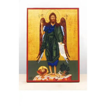 Εικόνα Ορθοδοξίας με περίγραμμα χρυσό σε ξύλο Φλαμουρίας  με  βάση Άγιος Ιωάννης ο Βαπτιστής Άγγελος της Ερήμου, Ξύλινη Χειροποίητη Εικόνα Ελληνικού Premium Βυζαντινού Στυλ Κρεμασμένο σε ξύλινη πλάκα Θρησκευτικό θέμα Χειροποίητη Ελληνορθόδοξη εικόνα του Ιησού Χριστού, Κρεμαστή πλάκα βυζαντινής τέχνης, χριστιανική τέχνη 45x35 cm (17,7 x 13,8 ίντσες)  INTRAEK-342110809 - Image 1