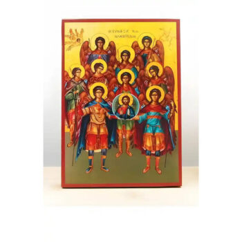 Εικόνα Ορθοδοξίας με περίγραμμα χρυσό σε ξύλο Φλαμουρίας  με  βάση Σύναξη Αρχαγγέλων με τον Ιησού Χριστό, Ξύλινη Χειροποίητη Εικόνα Ελληνικού Βυζαντινού Στυλ Κρεμαστή σε Ξύλινη Πλάκα Θρησκευτικό Θέμα Χειροποίητη Ελληνορθόδοξη εικόνα του Ιησού Χριστού, Κρεμαστή πλάκα βυζαντινής τέχνης, χριστιανική τέχνη Διάσταση 40x30 cm (15,8 x 11,8 ίντσες)  INTRAEK-2110806 - Image 1