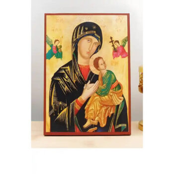 Εικόνα Ορθοδοξίας με περίγραμμα χρυσό σε ξύλο Φλαμουρίας  με  βάση Παναγία της Αιώνιας Βοήθειας με τον Ιησού, Ξύλινη Χειροποίητη Εικόνα Ελληνικού Βυζαντινού Στυλ σε τοίχο Κρεμαστή σε Ξυλόπλακα Θρησκευτικό θέμα Χειροποίητη Ελληνορθόδοξη εικόνα του Ιησού Χριστού, Κρεμαστή πλάκα βυζαντινής τέχνης, χριστιανική τέχνη 45x35 cm (17,7 x 13,8 ίντσες)  INTRAEK-342110804 - Image 1