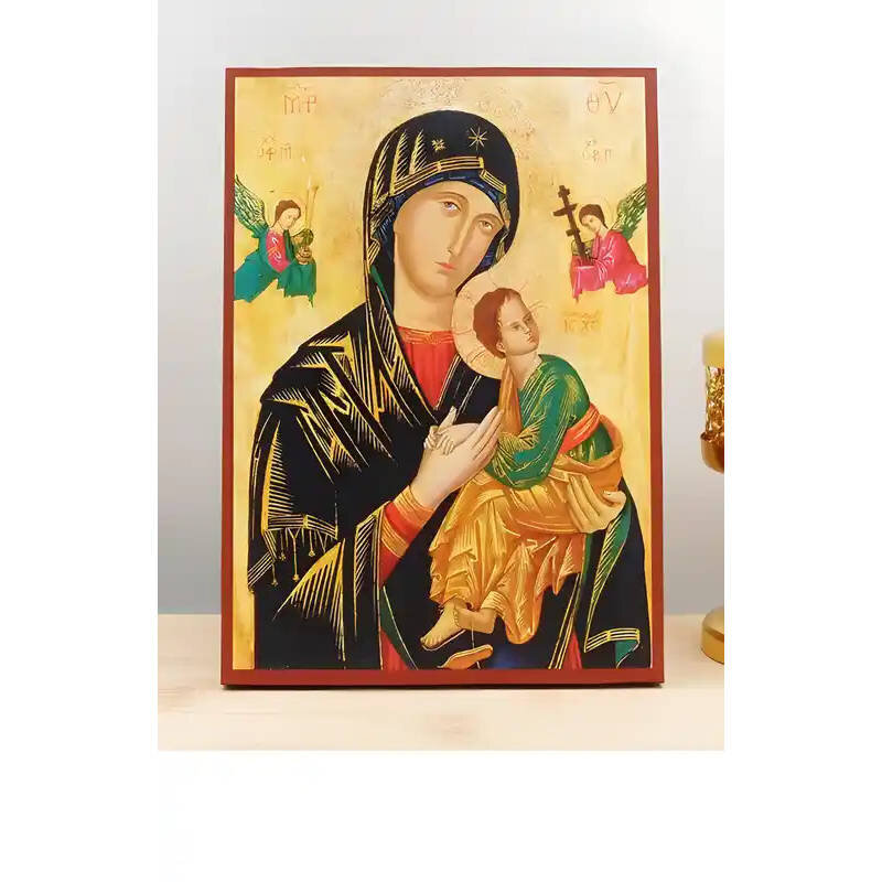 Εικόνα Ορθοδοξίας με περίγραμμα χρυσό σε ξύλο Φλαμουρίας  με  βάση Παναγία της Αιώνιας Βοήθειας με τον Ιησού, Ξύλινη Χειροποίητη Εικόνα Ελληνικού Βυζαντινού Στυλ σε τοίχο Κρεμαστή σε Ξυλόπλακα Θρησκευτικό θέμα Χειροποίητη Ελληνορθόδοξη εικόνα του Ιησού Χριστού, Κρεμαστή πλάκα βυζαντινής τέχνης, χριστιανική τέχνη Διάσταση 10x7 cm (3,9 x 2,8 ίντσες)  INTRAEK-10804