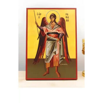 Εικόνα Ορθοδοξίας με περίγραμμα χρυσό σε ξύλο Φλαμουρίας  με  βάση Αρχάγγελος Ραφαήλ Ολόσωμο, Ξύλινη Χειροποίητη Εικόνα Ελληνικού Premium Βυζαντινού Στυλ Κρεμασμένο σε ξύλινη πλάκα Θρησκευτικό θέμα Χειροποίητη Ελληνορθόδοξη εικόνα του Ιησού Χριστού, Κρεμαστή πλάκα βυζαντινής τέχνης, χριστιανική τέχνη 45x35 cm (17,7 x 13,8 ίντσες)  INTRAEK-342110800 - Image 1