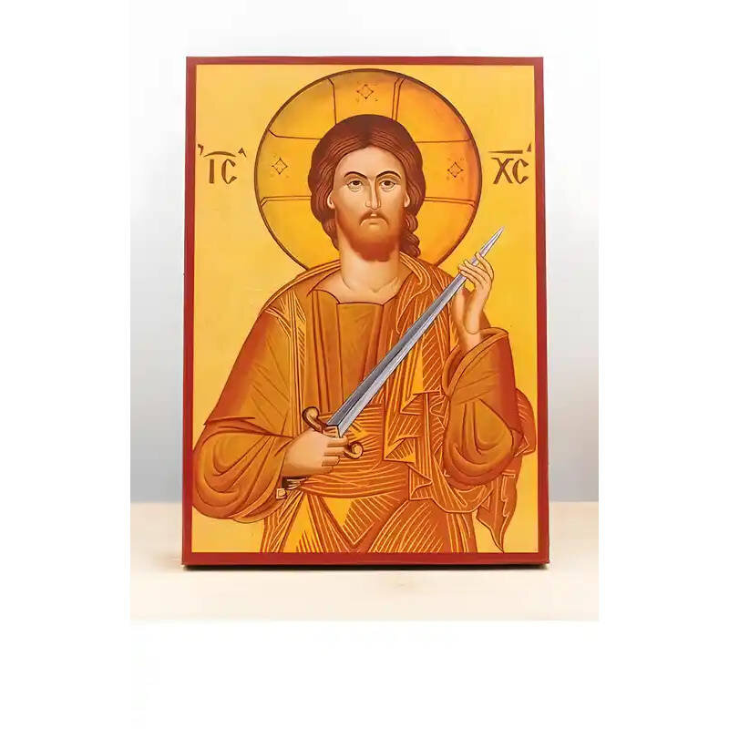 Εικόνα Ορθοδοξίας με περίγραμμα χρυσό σε ξύλο Φλαμουρίας  με  βάση Ο Ιησούς Χριστός κρατά ένα πνευματικό ξίφος "Κόβει" αμαρτίες, Ξύλινη χειροποίητη εικόνα Ελληνικού βυζαντινού στυλ τοίχου που κρέμεται σε ξύλινη πλάκα Χειροποίητη Ελληνορθόδοξη εικόνα του Ιησού Χριστού, Κρεμαστή πλάκα βυζαντινής τέχνης, χριστιανική τέχνη Διάσταση 10x7 cm (3,9 x 2,8 ίντσες)  INTRAEK-10798