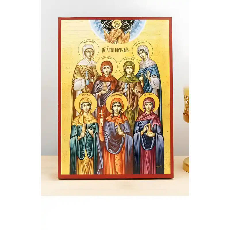 Εικόνα Ορθοδοξίας με περίγραμμα χρυσό σε ξύλο Φλαμουρίας  με  βάση The Seven Myrrhbearers, Ξύλινη Χειροποίητη Εικόνα Ελληνικού Premium Βυζαντινού Στυλ Κρεμασμένο σε ξύλινη πλάκα Χειροποίητη Ελληνορθόδοξη εικόνα του Ιησού Χριστού, Κρεμαστή πλάκα βυζαντινής τέχνης, χριστιανική τέχνη Διάσταση 15x11 cm (5,9 x 4,3 ίντσες)  INTRAEK-611234