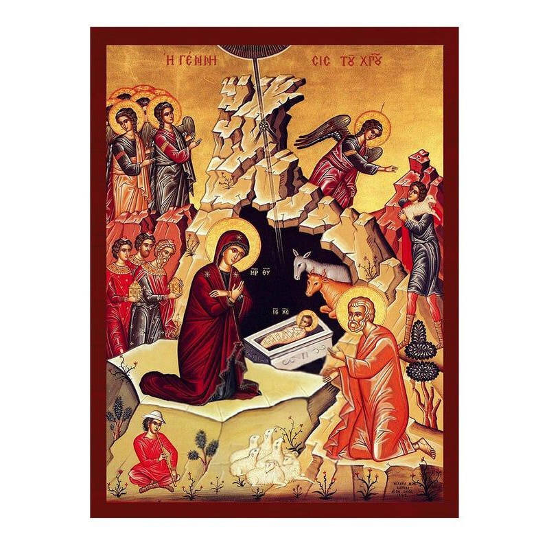 Εικόνα Ορθοδοξίας με περίγραμμα χρυσό σε ξύλο Φλαμουρίας  με  βάση Η εικόνα της γέννησης του Ιησού, χειροποίητη ελληνορθόδοξη εικόνα του Ιησού Χριστού, επιτοίχια βυζαντινή τέχνη, θρησκευτική διακόσμηση Διάσταση 40x30 cm (15,8 x 11,8 ίντσες)INTRAEK-43216724221