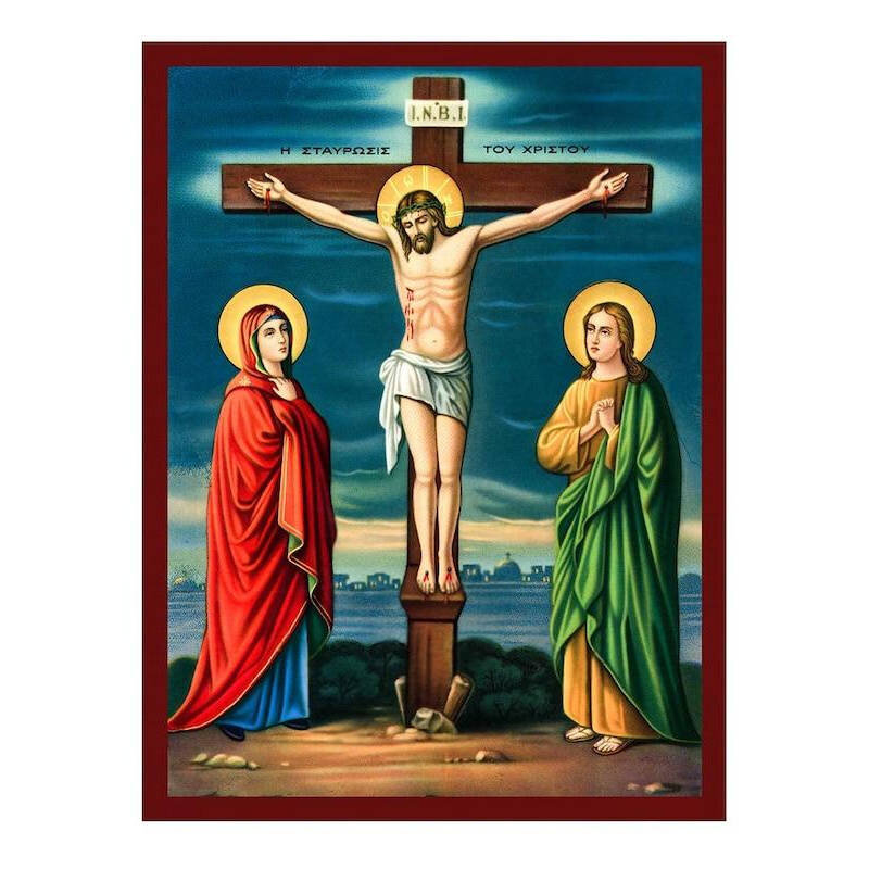 Εικόνα Ορθοδοξίας με περίγραμμα χρυσό σε ξύλο Φλαμουρίας  με  βάση Εικόνα Η Σταύρωση του Κυρίου, Χειροποίητη Ελληνορθόδοξη εικόνα του Ιησού Χριστού, Κρεμαστή πλάκα βυζαντινής τέχνης, ορθόδοξη τέχνη Διάσταση 26x20 cm (10,2 x 7,9 ίντσες) INTRAEK-3216724215