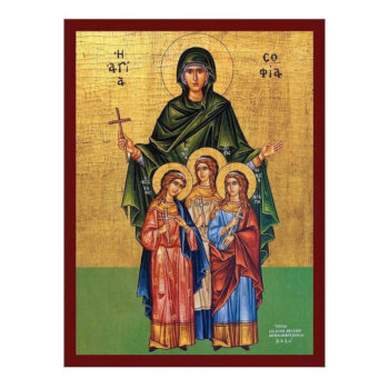 Εικόνα Ορθοδοξίας με περίγραμμα χρυσό σε ξύλο Φλαμουρίας  με  βάση Εικόνα της Σοφίας και των Τριών της Κόρες, Χειροποίητη Ελληνική εικόνα της Αγίας Σοφίας, Κρεμαστή πλάκα βυζαντινής τέχνης, χριστιανικό δώρο Διάσταση 40x30 cm (15,8 x 11,8 ίντσες)INTRAEK-43216724213 - Image 1