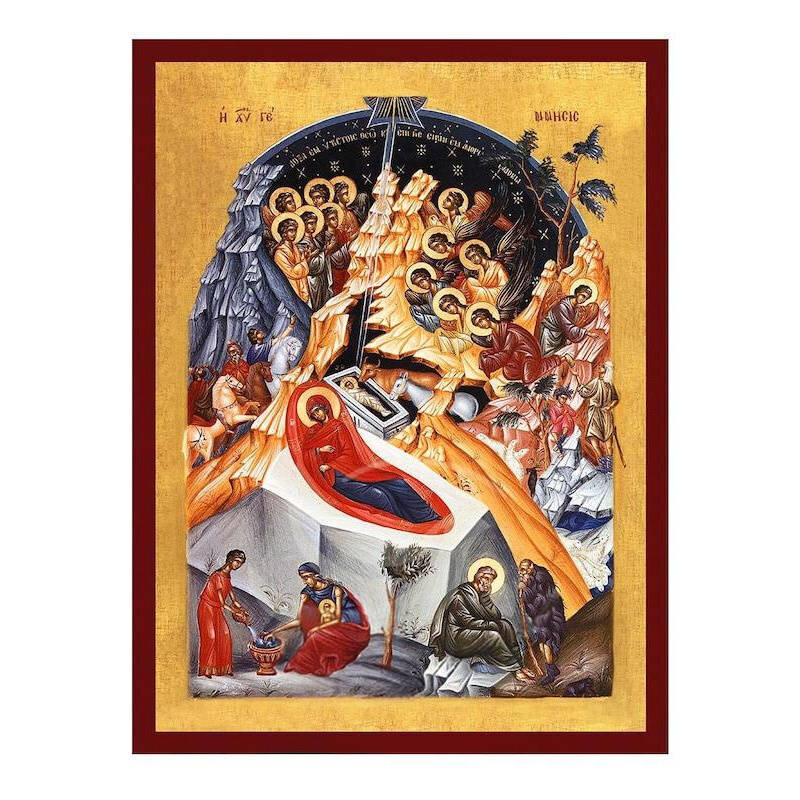 Εικόνα Ορθοδοξίας με περίγραμμα χρυσό σε ξύλο Φλαμουρίας  με  βάση Εικόνα της Γέννησης του Χριστού, Χειροποίητη ελληνορθόδοξη εικόνα του Ιησού Χριστού, επιτοίχια πλάκα βυζαντινής τέχνης, χριστιανική διακόσμηση Διάσταση 40x30 cm (15,8 x 11,8 ίντσες)INTRAEK-43216724207