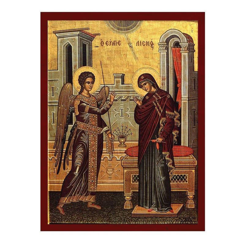 Εικόνα Ορθοδοξίας με περίγραμμα χρυσό σε ξύλο Φλαμουρίας  με  βάση Ευαγγελισμός της Θεοτόκου εικόνας, Χειροποίητη Ελληνική εικόνα Ευαγγελισμού Της Θεοτόκου, Κρεμαστή πλάκα βυζαντινής τέχνης, χριστιανικό δώρο Διάσταση 40x30 cm (15,8 x 11,8 ίντσες)INTRAEK-43216724197