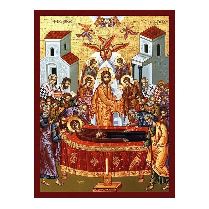 Εικόνα Ορθοδοξίας με περίγραμμα χρυσό σε ξύλο Φλαμουρίας  με  βάση Εικόνα της Κοίμησης της Θεοτόκου, Χειροποίητη Βυζαντινή εικόνα της Κοίμησης της Θεοτόκου, Κρεμαστή πλάκα θρησκευτικής τέχνης, Χριστιανικό δώρο Διάσταση 40x30 cm (15,8 x 11,8 ίντσες)INTRAEK-43216724192