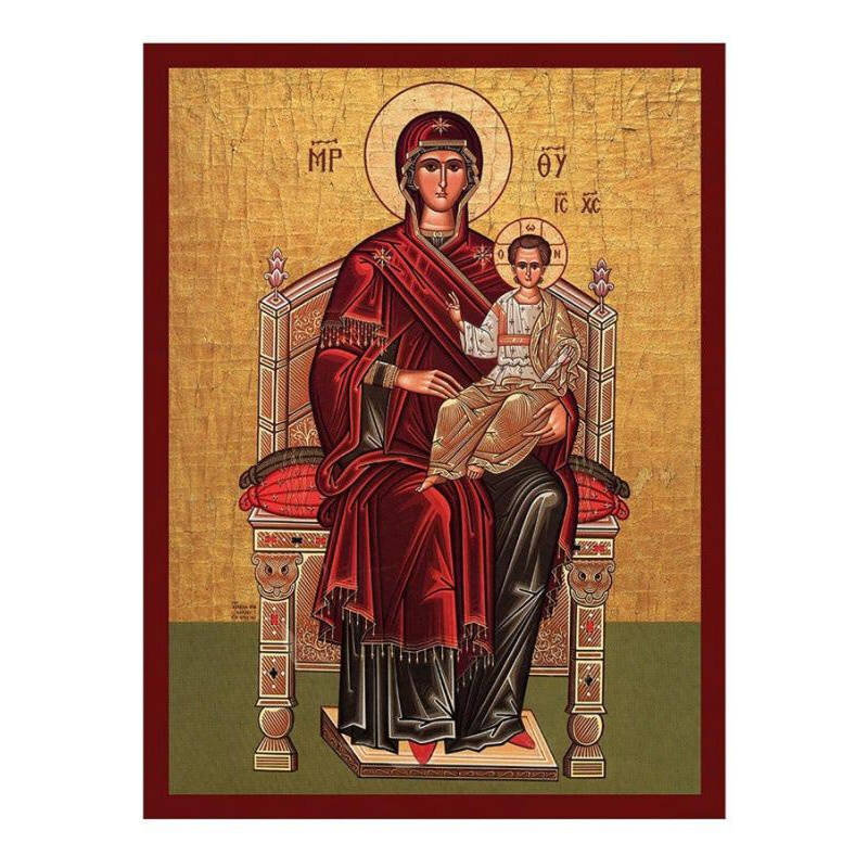 Εικόνα Ορθοδοξίας με περίγραμμα χρυσό σε ξύλο Φλαμουρίας  με  βάση Παναγία Ένθρονη εικόνα της Παναγίας, Χειροποίητη ελληνική εικόνα της Παναγίας Ένθρονος, επιτοίχια βυζαντινή τέχνη, χριστιανικό δώρο Διάσταση 26x20 cm (10,2 x 7,9 ίντσες) INTRAEK-3216724189