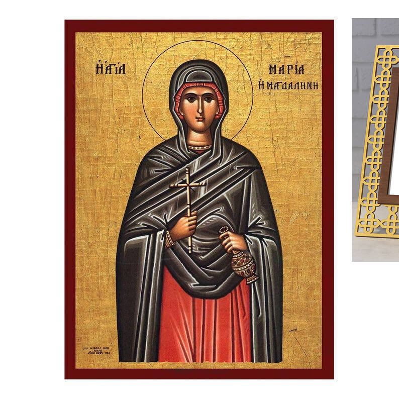 Εικόνα Ορθοδοξίας με περίγραμμα χρυσό σε ξύλο Φλαμουρίας  με  βάση Εικόνα Αγίας Μαρίας Μαγδαληνής, Χειροποίητη βυζαντινή εικόνα της Αγίας Μαρίας Μαγδαληνής, Κρεμαστή πλάκα θρησκευτικής τέχνης, χριστιανικό δώρο Διάσταση 10x7 cm (3,9 x 2,8 ίντσες) INTRAEK-816724186