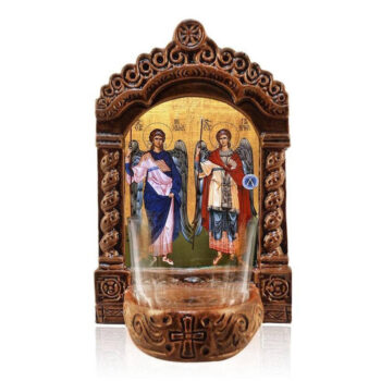 Εικόνα Ορθοδοξίας με περίγραμμα χρυσό σε ξύλο Φλαμουρίας  με  βάση Φωτιστικό Αγρυπνίας Αρχαγγέλων Μιχαήλ και Γαβριήλ, Εικονίδιο Επιτραπέζιου Ταξιάρχες, Χειροποίητο Κεραμικό Φωτιστικό Αγρυπνίας με Γυάλινο Κύπελλο Διάσταση 40x30 cm (15,8 x 11,8 ίντσες)INTRAEK-43216724174 - Image 1