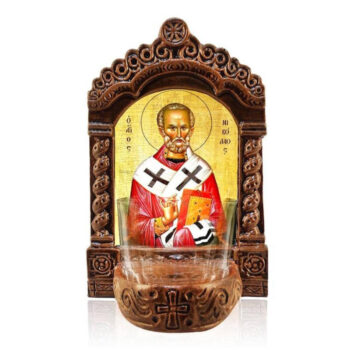 Εικόνα Ορθοδοξίας με περίγραμμα χρυσό σε ξύλο Φλαμουρίας με βάση Φωτιστικό Αγρυπνίας Αγίου Νικολάου, Επιτραπέζια εικόνα Αγίου Νικολάου, Χειροποίητο Κεραμικό Φωτιστικό με Γυάλινο Κύπελλο Διάσταση 10x7 cm (3,9 x 2,8 ίντσες) INTRAEK-816724170 - Image 1