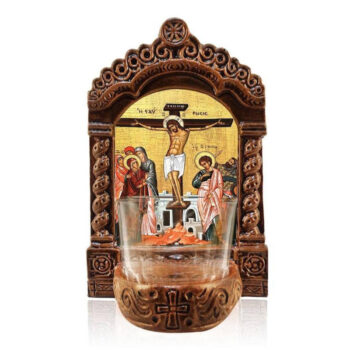 Εικόνα Ορθοδοξίας με περίγραμμα χρυσό σε ξύλο Φλαμουρίας  με  βάση Φωτιστικό Αγρυπνίας Η Σταύρωση του Ιησού Χριστού, Εικονίδιο επιτραπέζιου Ιησού Χριστού, Χειροποίητο Κεραμικό Φωτιστικό Αγρυπνίας με Γυάλινο Κύπελλο Διάσταση 15x11 cm (5,9 x 4,3 ίντσες) INTRAEK-16724159 - Image 1