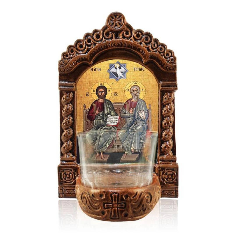 Εικόνα Ορθοδοξίας με περίγραμμα χρυσό σε ξύλο Φλαμουρίας  με  βάση Λυχνία Αγρυπνίας της Αγίας Τριάδας, Πατέρα Ιησού Χριστού &amp; Εικόνα Επιτραπέζιου Πνεύματος, Χειροποίητο Κεραμικό Φωτιστικό Αγρυπνίας με Γυάλινο Κύπελλο Διάσταση 26x20 cm (10,2 x 7,9 ίντσες) INTRAEK-3216724158
