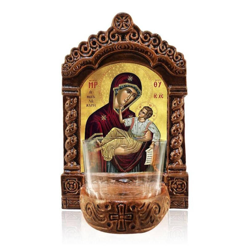 Εικόνα Ορθοδοξίας με περίγραμμα χρυσό σε ξύλο Φλαμουρίας  με  βάση Παναγία της Μεγάλης Χάριτος Λυχνία Αγρυπνίας, Παναγία της Μεγάλης Χάριτος Κεραμική επιτραπέζια εικόνα, Παναγία Μεγαλόχαρη Αγρυπνία με Κύπελλο Διάσταση 10x7 cm (3,9 x 2,8 ίντσες) INTRAEK-816724155