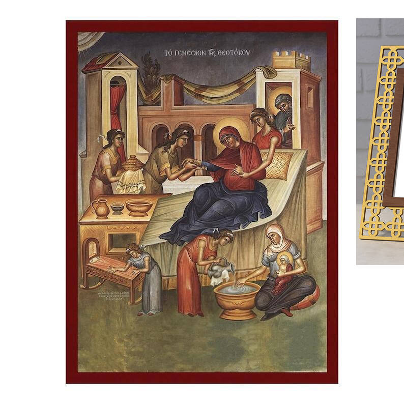 Εικόνα Ορθοδοξίας με περίγραμμα χρυσό σε ξύλο Φλαμουρίας  με  βάση Η εικόνα της Γέννησης της Θεοτόκου, Χειροποίητη Ελληνική εικόνα της Γέννησης της Θεοτόκου, επιτοίχια πλάκα βυζαντινής τέχνης, χριστιανικό δώρο Διάσταση 10x7 cm (3,9 x 2,8 ίντσες) INTRAEK-816724133