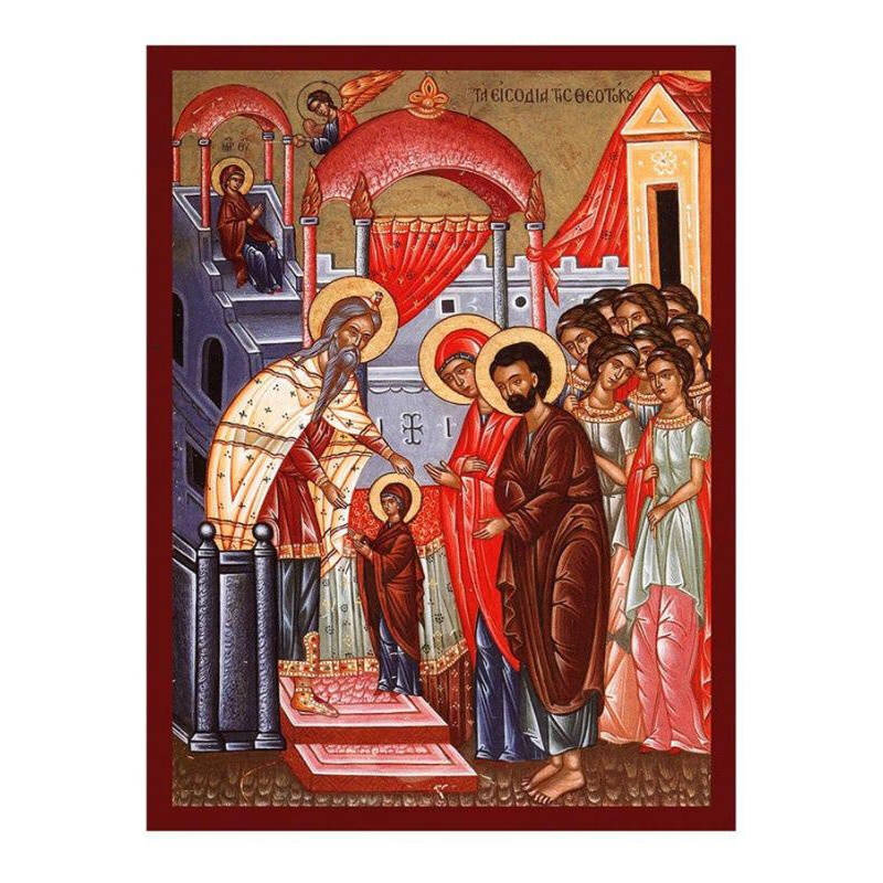 Εικόνα Ορθοδοξίας με περίγραμμα χρυσό σε ξύλο Φλαμουρίας  με  βάση Παναγία Τα Εισόδια της Εικόνας της Θεοτόκου, Χειροποίητη Ελληνική εικόνα Εισοδίων της Θεοτόκου, Κρεμαστή πλάκα βυζαντινής τέχνης, Χριστιανικό δώρο Διάσταση 26x20 cm (10,2 x 7,9 ίντσες) INTRAEK-3216724131