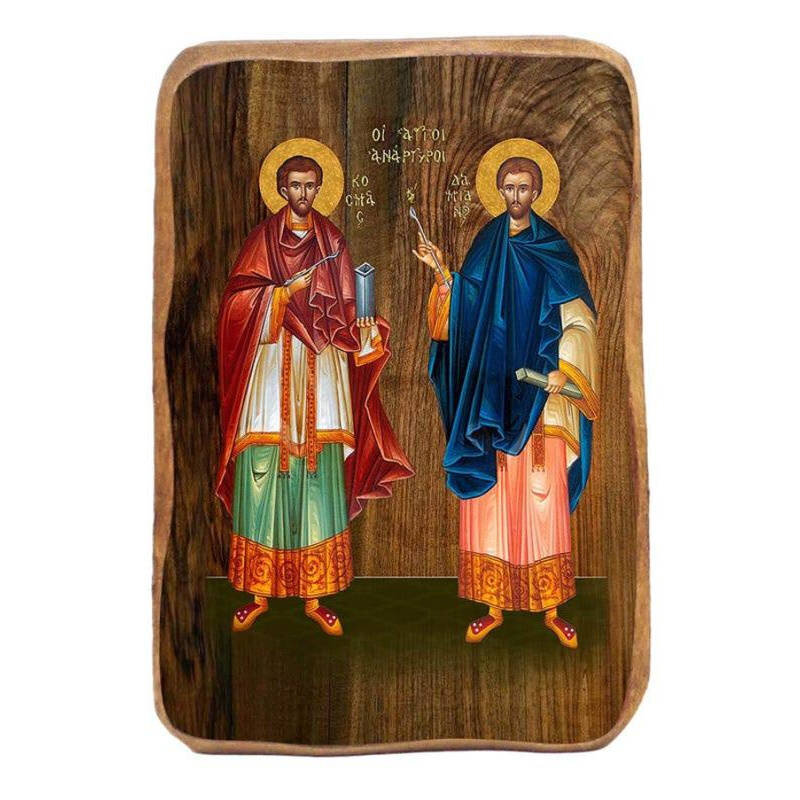 Εικόνα Ορθοδοξίας με περίγραμμα χρυσό σε ξύλο Φλαμουρίας  με  βάση The Holy Unmercenaries Μπομπονιέρα Βάπτισης Σετ 20 τεμαχίων, Εικόνα Βάπτισης, Bomboniera Χειροποίητη Βυζαντινή εικόνα 9x6cm, Χριστιανικό Δώρο Διάσταση 10x7 cm (3,9 x 2,8 ίντσες) INTRAEK-816724115