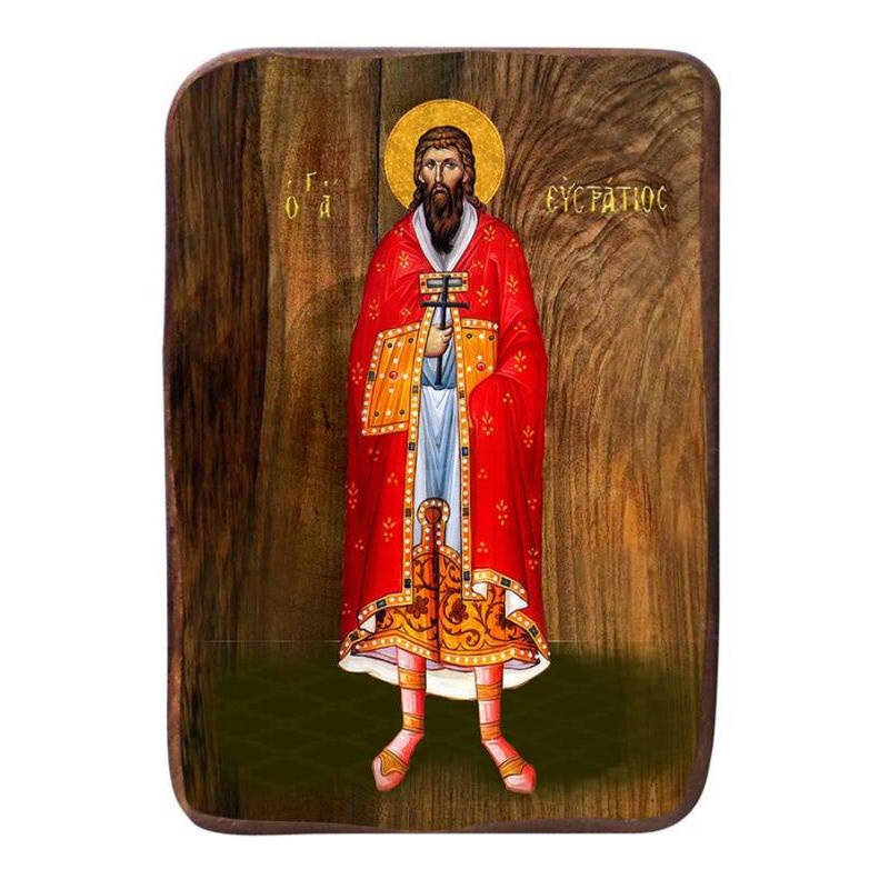 Εικόνα Ορθοδοξίας με περίγραμμα χρυσό σε ξύλο Φλαμουρίας  με  βάση Μπομπονιέρα Βάπτισης Άγιος Ευστράτιος Σετ 20 τεμαχίων, Εικόνα Βάπτισης, Μπομπονιέρα Χειροποίητη Βυζαντινή εικόνα 9x6cm, Χριστιανικό Δώρο Διάσταση 10x7 cm (3,9 x 2,8 ίντσες) INTRAEK-816724098