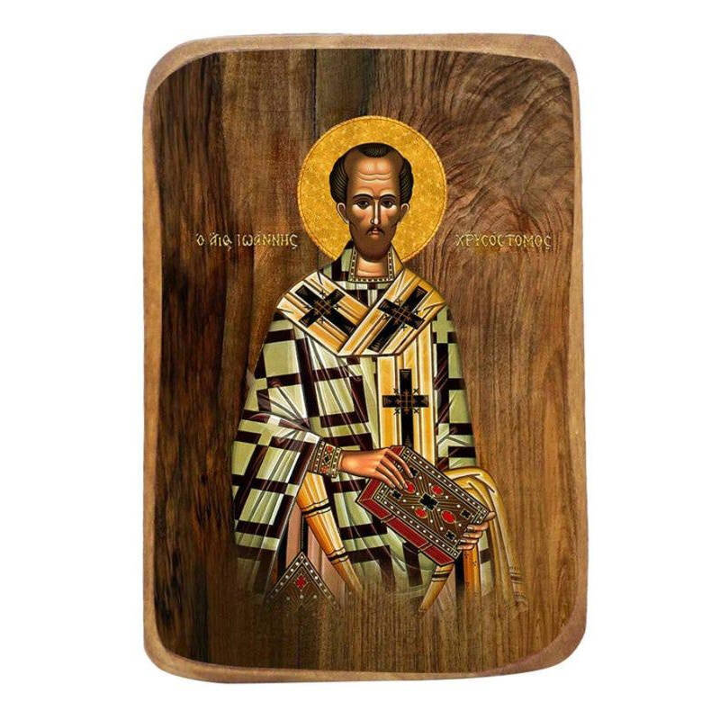 Εικόνα Ορθοδοξίας με περίγραμμα χρυσό σε ξύλο Φλαμουρίας  με  βάση Μπομπονιέρα Βάπτισης Άγιος Ιωάννης ο Χρυσόστομος Σετ 20 τεμαχίων, Εικόνα Βάπτισης, Μπομπονιέρα Χειροποίητη Βυζαντινή εικόνα 9x6cm, Χριστιανικό Δώρο Διάσταση 10x7 cm (3,9 x 2,8 ίντσες) INTRAEK-816724073