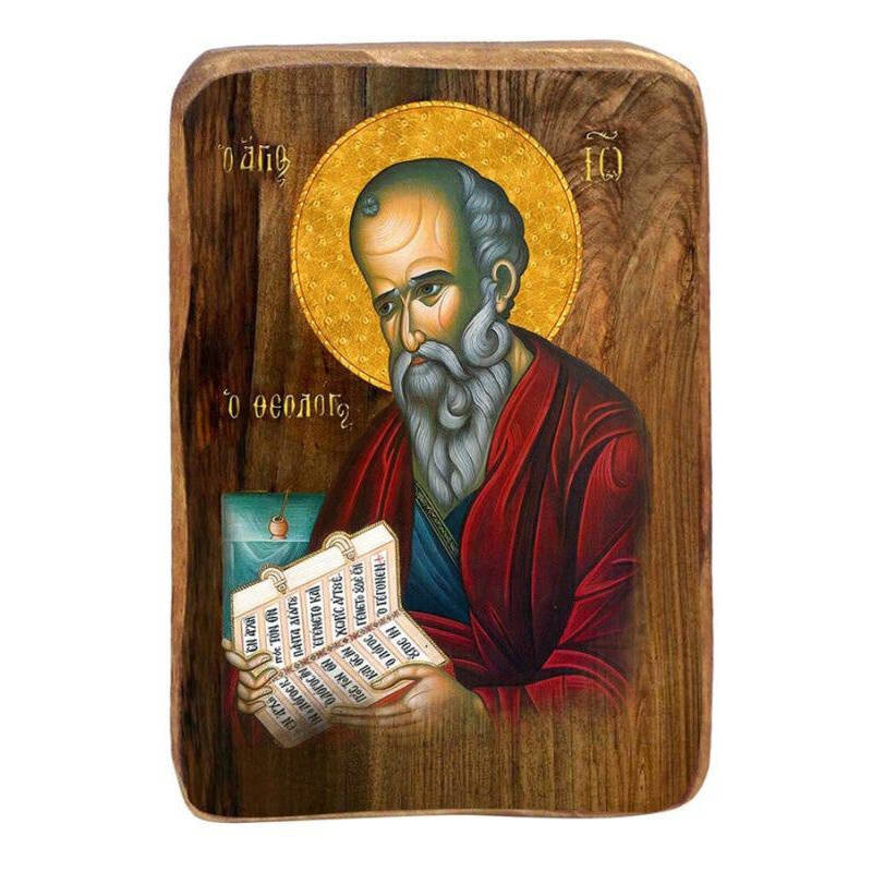 Εικόνα Ορθοδοξίας με περίγραμμα χρυσό σε ξύλο Φλαμουρίας  με  βάση Μπομπονιέρα Βάπτισης Άγιος Ιωάννης ο Ευαγγελιστής Σετ 20 τεμαχίων, Εικόνα Βάπτισης, Χειροποίητη Βυζαντινή εικόνα Bomboniera 9x6cm, Χριστιανικό Δώρο Διάσταση 10x7 cm (3,9 x 2,8 ίντσες) INTRAEK-816724070