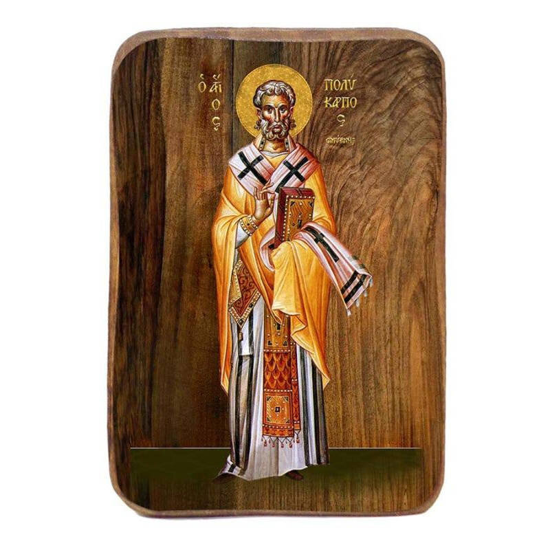 Εικόνα Ορθοδοξίας με περίγραμμα χρυσό σε ξύλο Φλαμουρίας  με  βάση Μπομπονιέρα Βάπτισης Άγιος Πολύκαρπος Σετ 20 τεμαχίων, Εικόνα Βάπτισης, Μπομπονιέρα Χειροποίητη Βυζαντινή εικόνα 9x6cm, Χριστιανικό Δώρο Διάσταση 10x7 cm (3,9 x 2,8 ίντσες) INTRAEK-816724039