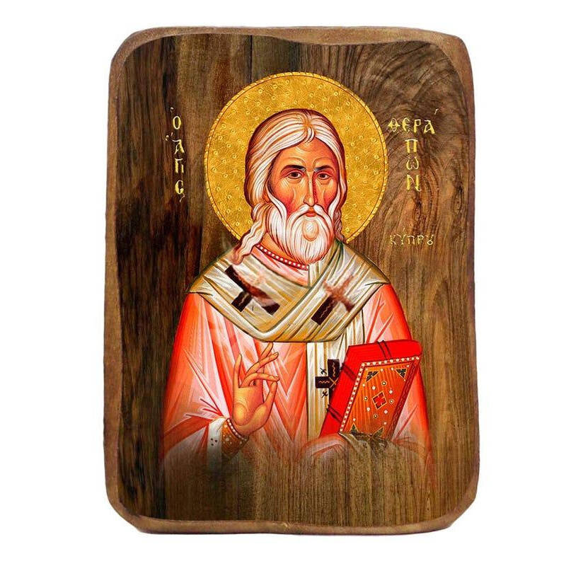 Εικόνα Ορθοδοξίας με περίγραμμα χρυσό σε ξύλο Φλαμουρίας  με  βάση Μπομπονιέρα Βάπτισης Αγίου Θεράποντος Σετ 20 τεμαχίων, Εικόνα Βάπτισης, Βομπονιέρα Χειροποίητη Βυζαντινή εικόνα 9x6cm, Χριστιανικό Δώρο Διάσταση 10x7 cm (3,9 x 2,8 ίντσες) INTRAEK-816724020