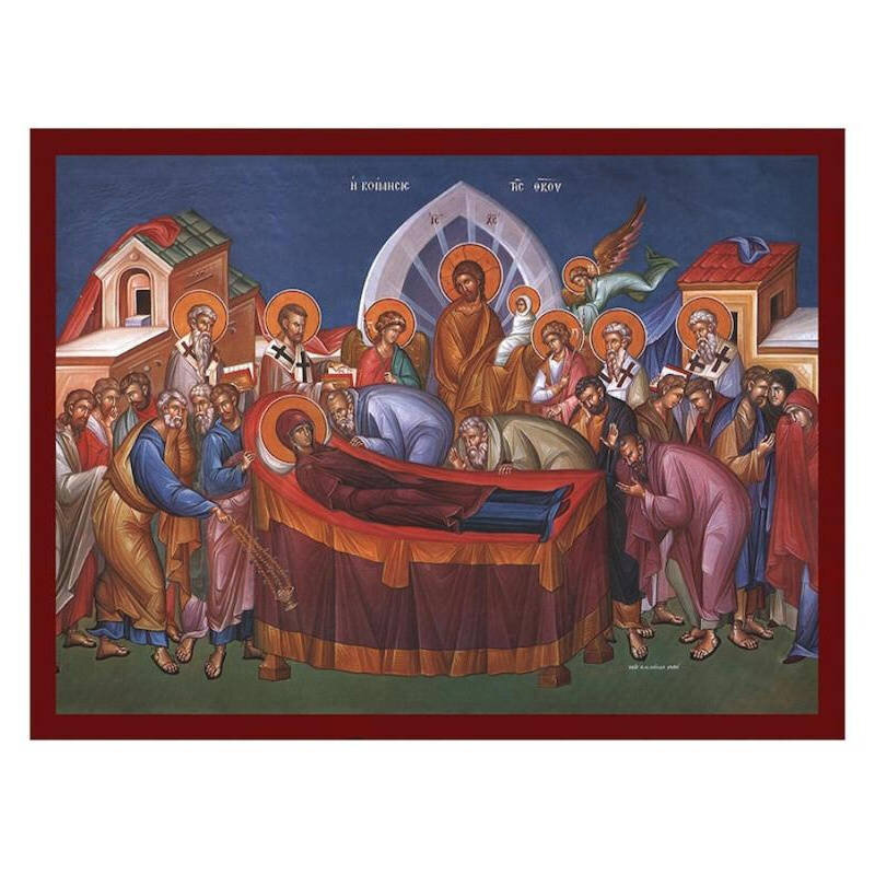 Εικόνα Ορθοδοξίας με περίγραμμα χρυσό σε ξύλο Φλαμουρίας  με  βάση Εικόνα Κοίμησης της Θεοτόκου, Χειροποίητη Βυζαντινή εικόνα Κοίμησης της Θεοτόκου, Κρεμαστή πλάκα θρησκευτικής τέχνης, χριστιανικό δώρο Διάσταση 26x20 cm (10,2 x 7,9 ίντσες) INTRAEK-3216724008