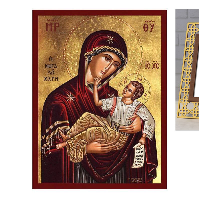 Εικόνα Ορθοδοξίας με περίγραμμα χρυσό σε ξύλο Φλαμουρίας  με  βάση Εικόνα της Παναγίας της Μεγάλης Χάριτος, Χειροποίητη Βυζαντινή εικόνα της Παναγίας της Μεγαλόχαρης, Κρεμαστή πλάκα θρησκευτικής τέχνης, Χριστιανικό δώρο Διάσταση 10x7 cm (3,9 x 2,8 ίντσες) INTRAEK-816724007