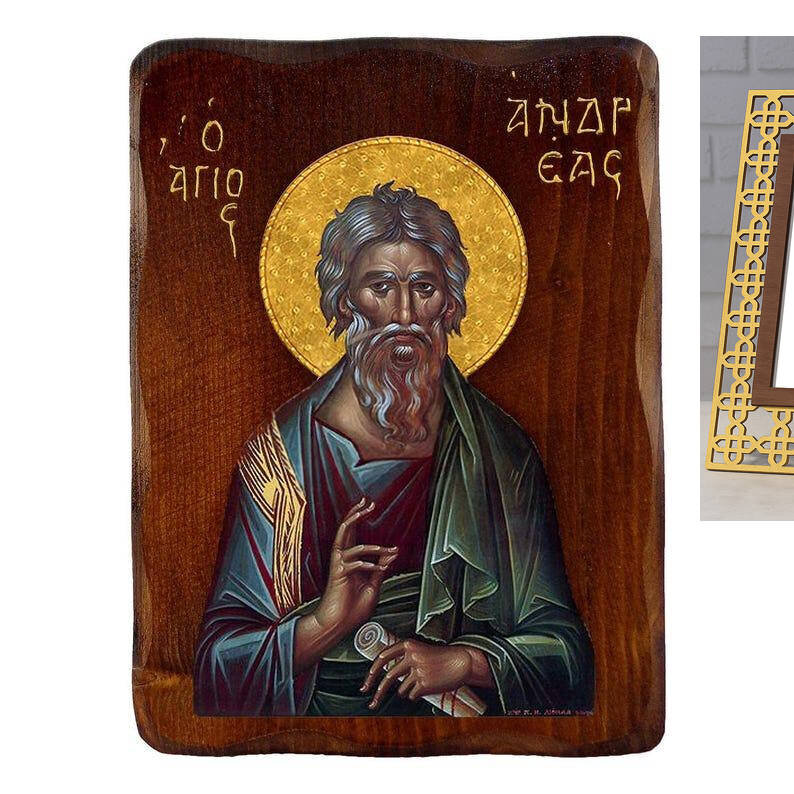 Εικόνα Ορθοδοξίας με περίγραμμα χρυσό σε ξύλο Φλαμουρίας  με  βάση Εικόνα Αγίου Ανδρέα, Χειροποίητη ελληνορθόδοξη εικόνα του Αγίου Ανδρέα, επιτοίχια πλάκα βυζαντινής τέχνης, θρησκευτικό δώρο, χριστιανική διακόσμηση Διάσταση 26x20 cm (10,2 x 7,9 ίντσες) INTRAEK-3216723994