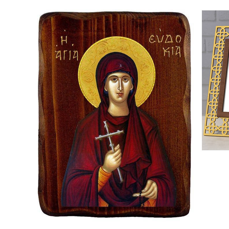 Εικόνα Ορθοδοξίας με περίγραμμα χρυσό σε ξύλο Φλαμουρίας  με  βάση Εικόνα Αγίας Ευδοκίας, Χειροποίητη ελληνορθόδοξη εικόνα της Αγίας Ευδοκίας, επιτοίχια πλάκα βυζαντινής τέχνης, θρησκευτικό δώρο, χριστιανική διακόσμηση Διάσταση 26x20 cm (10,2 x 7,9 ίντσες) INTRAEK-3216723985
