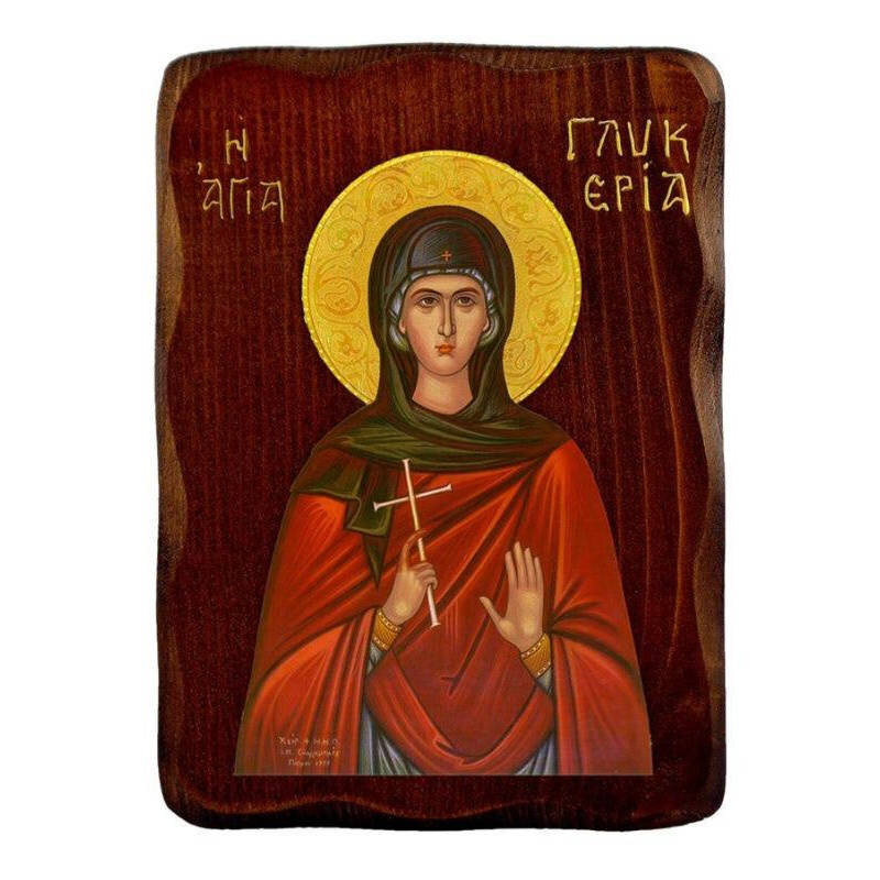 Εικόνα Ορθοδοξίας με περίγραμμα χρυσό σε ξύλο Φλαμουρίας  με  βάση Εικόνα Αγίας Γλυκερίας, Χειροποίητη Ελληνορθόδοξη εικόνα Αγίας Γλυκερίας, επιτοίχια πλάκα βυζαντινής τέχνης, θρησκευτικό δώρο, χριστιανική διακόσμηση Διάσταση 26x20 cm (10,2 x 7,9 ίντσες) INTRAEK-3216723942