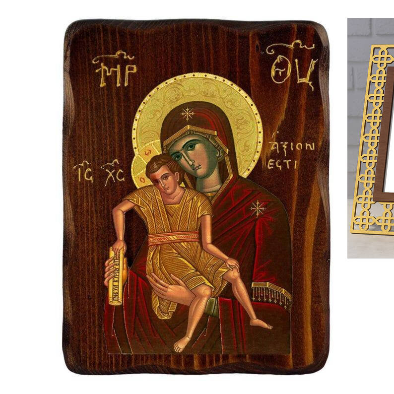 Εικόνα Ορθοδοξίας με περίγραμμα χρυσό σε ξύλο Φλαμουρίας  με  βάση Εικόνα Παναγίας Άξιον Εστίν, Χειροποίητη Ελληνική εικόνα Παναγίας Άξιον Εστίν, επιτοίχια πλάκα βυζαντινής τέχνης, θρησκευτικό δώρο, χριστιανική διακόσμηση Διάσταση 26x20 cm (10,2 x 7,9 ίντσες) INTRAEK-3216723937