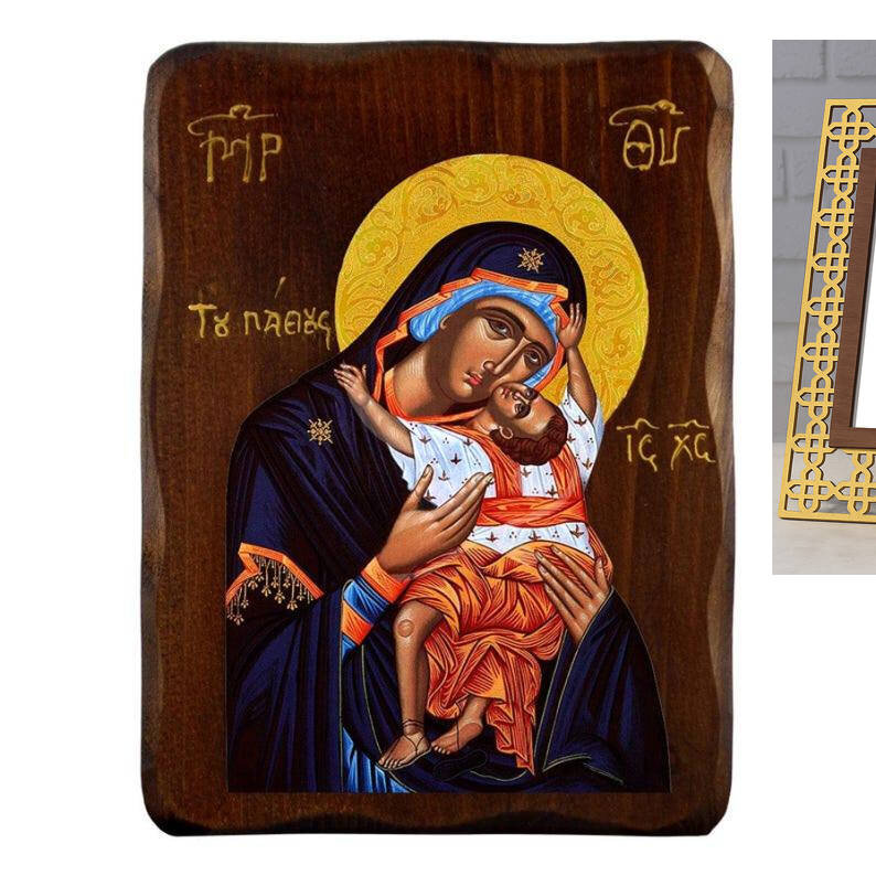 Εικόνα Ορθοδοξίας με περίγραμμα χρυσό σε ξύλο Φλαμουρίας  με  βάση Εικόνα Παναγίας των Παθών, Χειροποίητη Ελληνική εικόνα της Παναγίας Παθούς, επιτοίχια πλάκα βυζαντινής τέχνης, θρησκευτικό δώρο, χριστιανική διακόσμηση Διάσταση 26x20 cm (10,2 x 7,9 ίντσες) INTRAEK-3216723933