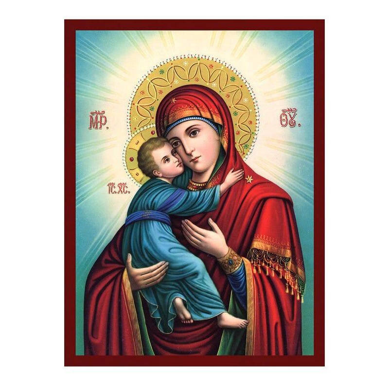Εικόνα Ορθοδοξίας με περίγραμμα χρυσό σε ξύλο Φλαμουρίας  με  βάση The Sweet-Kissing Virgin Mary Icon, Χειροποίητη ελληνική εικόνα της Παναγίας Sweet Kiss, επιτοίχια πλάκα βυζαντινής τέχνης, χριστιανικό δώρο Διάσταση 10x7 cm (3,9 x 2,8 ίντσες) INTRAEK-816723932