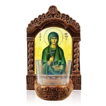 Εικόνα Ορθοδοξίας με περίγραμμα χρυσό σε ξύλο Φλαμουρίας  με  βάση Αγρυπνός Αγίας Παρασκευής, Αγία Παρασκευή η Μάρτυς και Θεραπευτής, Χειροποίητο Κεραμικό Φωτιστικό Αγρυπνίας με Γυάλινο Κύπελλο Διάσταση 15x11 cm (5,9 x 4,3 ίντσες) INTRAEK-16723921 - Image 1