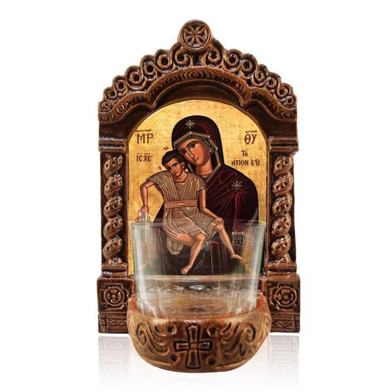 Εικόνα Ορθοδοξίας με περίγραμμα χρυσό σε ξύλο Φλαμουρίας  με  βάση Φωτιστικό Αγρυπνίας Θεοτόκου Άξιον Εστί, Παναγία Θεοτόκος Άξιον Εστί Εικονίδιο Επιτραπέζιο, Χειροποίητο Κεραμικό Φωτιστικό Αγρυπνίας με Γυάλινο Κύπελλο Διάσταση 26x20 cm (10,2 x 7,9 ίντσες) INTRAEK-3216723913