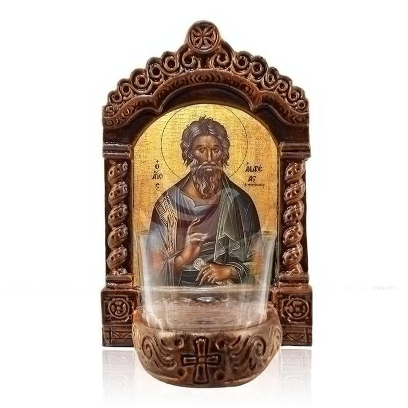 Εικόνα Ορθοδοξίας με περίγραμμα χρυσό σε ξύλο Φλαμουρίας  με  βάση Φωτιστικό Αγρυπνού Αγίου Ανδρέα, Επιτραπέζια εικόνα του Αγίου Ανδρέα, Χειροποίητο Κεραμικό Φωτιστικό με Γυάλινο Κύπελλο Διάσταση 26x20 cm (10,2 x 7,9 ίντσες) INTRAEK-3216723912