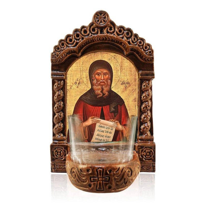 Εικόνα Ορθοδοξίας με περίγραμμα χρυσό σε ξύλο Φλαμουρίας  με  βάση Φωτιστικό Αγρυπνού Αγίου Αντωνίου, Εικόνα Αγίου Αντωνίου του Μεγάλου Επιτραπέζιου, Χειροποίητο Κεραμικό Φωτιστικό με Γυάλινο Κύπελλο Διάσταση 26x20 cm (10,2 x 7,9 ίντσες) INTRAEK-3216723911