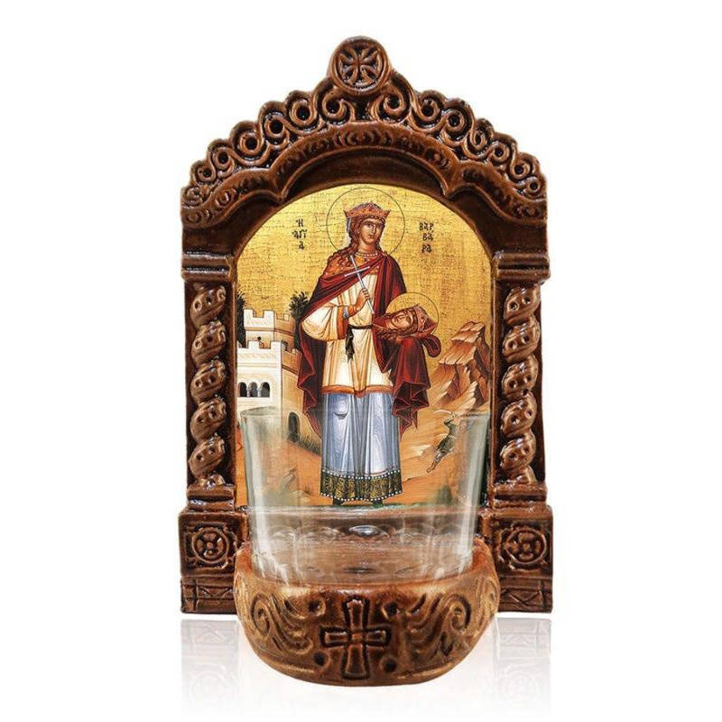 Εικόνα Ορθοδοξίας με περίγραμμα χρυσό σε ξύλο Φλαμουρίας  με  βάση Φωτιστικό Αγρυπνίας Αγίας Βαρβάρας, Επιτραπέζια εικόνα Αγίας Βαρβάρας η Μεγαλομάρτυς, Χειροποίητο Κεραμικό Φανάρι με γυάλινο κύπελλο Διάσταση 26x20 cm (10,2 x 7,9 ίντσες) INTRAEK-3216723909