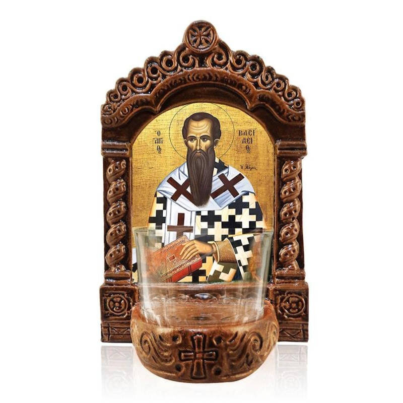 Εικόνα Ορθοδοξίας με περίγραμμα χρυσό σε ξύλο Φλαμουρίας  με  βάση Φωτιστικό Αγρυπνίας Αγίου Βασιλείου, Χειροποίητη επιτραπέζια εικόνα Αγίου Βασιλείου, Ελληνικής κατασκευής Κεραμικό Φωτιστικό με Γυάλινο Κύπελλο Διάσταση 26x20 cm (10,2 x 7,9 ίντσες) INTRAEK-3216723908