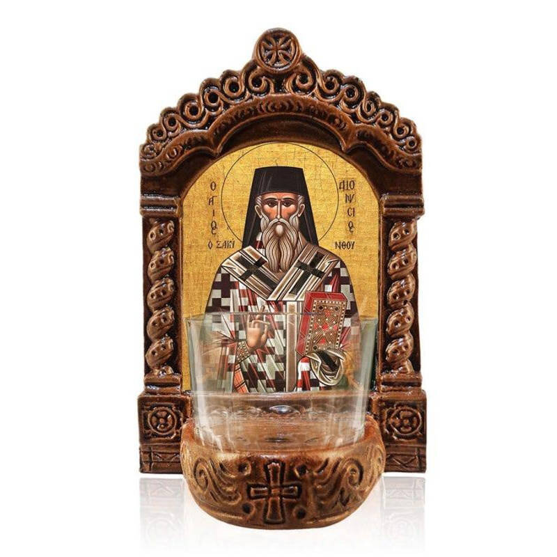 Εικόνα Ορθοδοξίας με περίγραμμα χρυσό σε ξύλο Φλαμουρίας  με  βάση Φωτιστικό Αγρυπνίας Αγίου Διονυσίου, Επιτραπέζια εικόνα Αγίου Διονυσίου Ζακύνθου, Χειροποίητο Κεραμικό Φωτιστικό με Γυάλινο Κύπελλο Διάσταση 26x20 cm (10,2 x 7,9 ίντσες) INTRAEK-3216723904