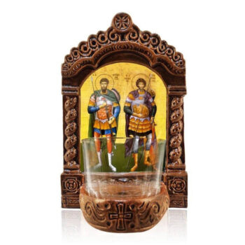 Εικόνα Ορθοδοξίας με περίγραμμα χρυσό σε ξύλο Φλαμουρίας  με  βάση Λάμπα Αγρυπνίας Αγίων Θεοδώρων, Αγίων Θεοδώρων ο Στρατηλάτης και Θεόδωρος ο Στρατηγός, Χειροποίητο Κεραμικό Φωτιστικό Αγρυπνίας με Γυάλινο Κύπελλο Διάσταση 15x11 cm (5,9 x 4,3 ίντσες) INTRAEK-16723894 - Image 1