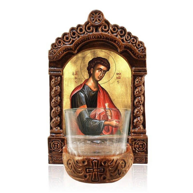 Εικόνα Ορθοδοξίας με περίγραμμα χρυσό σε ξύλο Φλαμουρίας  με  βάση Φωτιστικό Άγιος Θωμάς, Άγιος Θωμάς ο Απόστολος Ελληνικής κατασκευής Επιτραπέζια εικόνα, Χειροποίητο Κεραμικό Φωτιστικό με Γυάλινο Κύπελλο Διάσταση 26x20 cm (10,2 x 7,9 ίντσες) INTRAEK-3216723891
