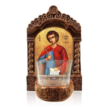 Εικόνα Ορθοδοξίας με περίγραμμα χρυσό σε ξύλο Φλαμουρίας  με  βάση Αγρυπνός Άγιος Ιωάννης ο Ρώσος, Άγιος Ιωάννης ο Νεομάρτυρας της Ρωσίας Ελληνικής κατασκευής Επιτραπέζια εικόνα, Χειροποίητο Κεραμικό Φωτιστικό Αγρυπνίας με Γυάλινο Κύπελλο Διάσταση 15x11 cm (5,9 x 4,3 ίντσες) INTRAEK-16723888 - Image 1